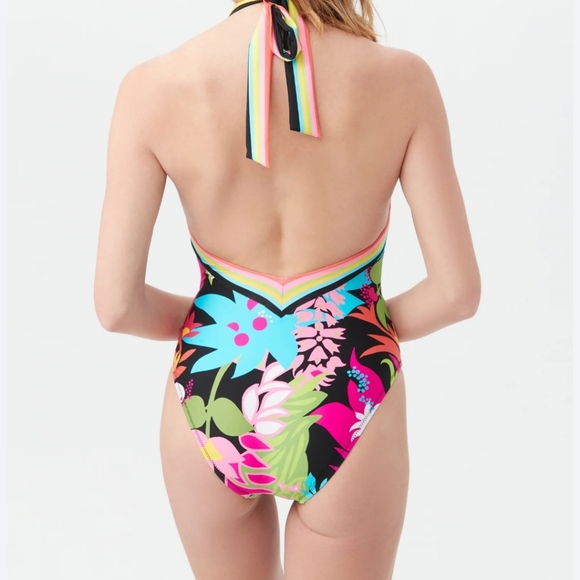 Trina Turk Size 12 Tiki Plunge V Neck Vibrant One Piece Swimsuit Halter Floral - Picture 11 of 14